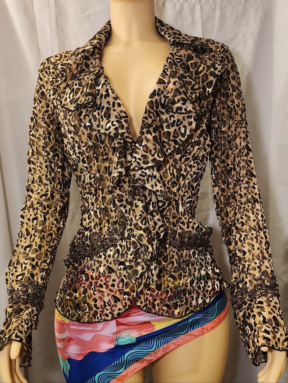 Vintage Mary L Couture Y2K Leopard Mesh Ruffle Sequin Blouse Top L